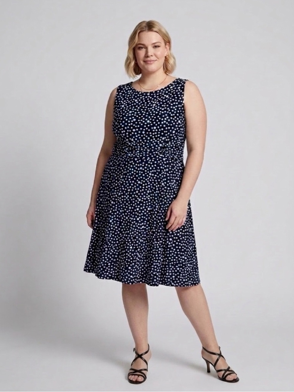 🖤🤍 CJ Banks Black &White Polka Dot Sleeveless Fit & Flare Midi Dress EUC 18W